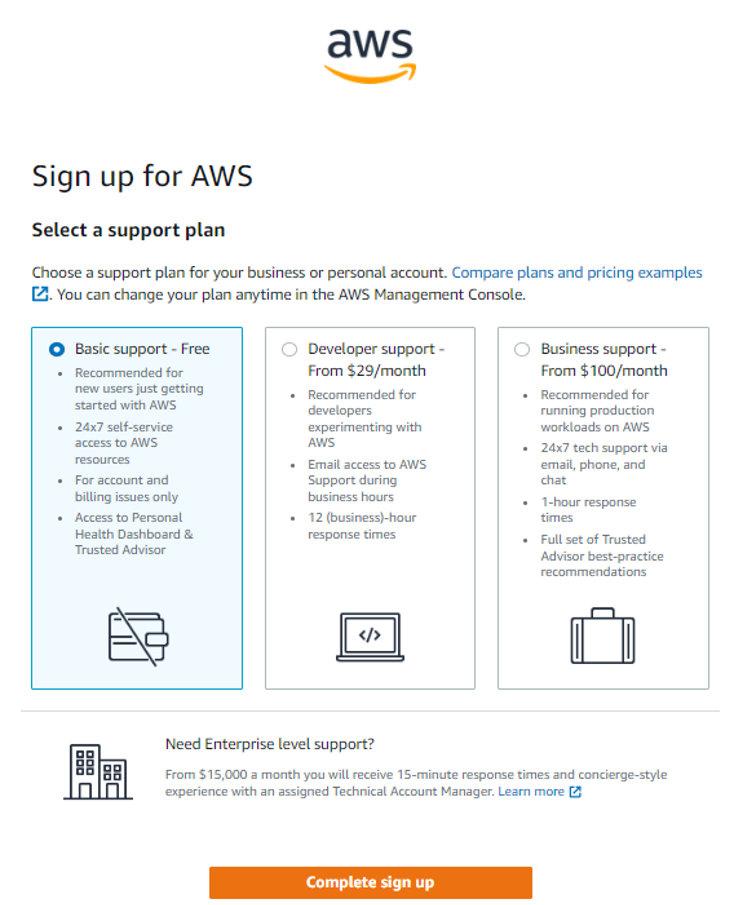 Registro de AWS: elección de un plan de soporte