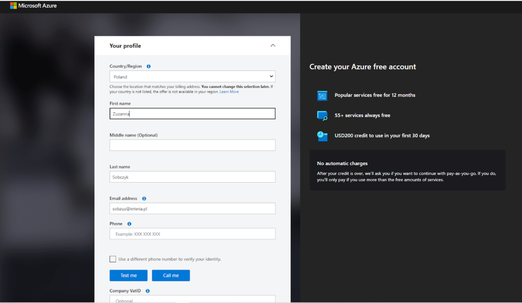 Microsoft Azure - your profile