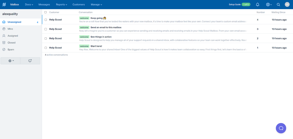 HelpScout - trang tổng quan của hộp thư