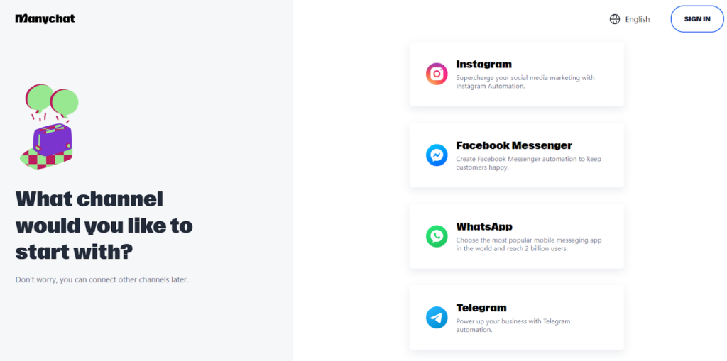 Manychat - scegli il canale per continuare