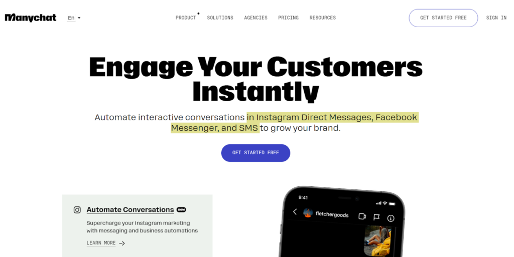 Homepage di Manychat 