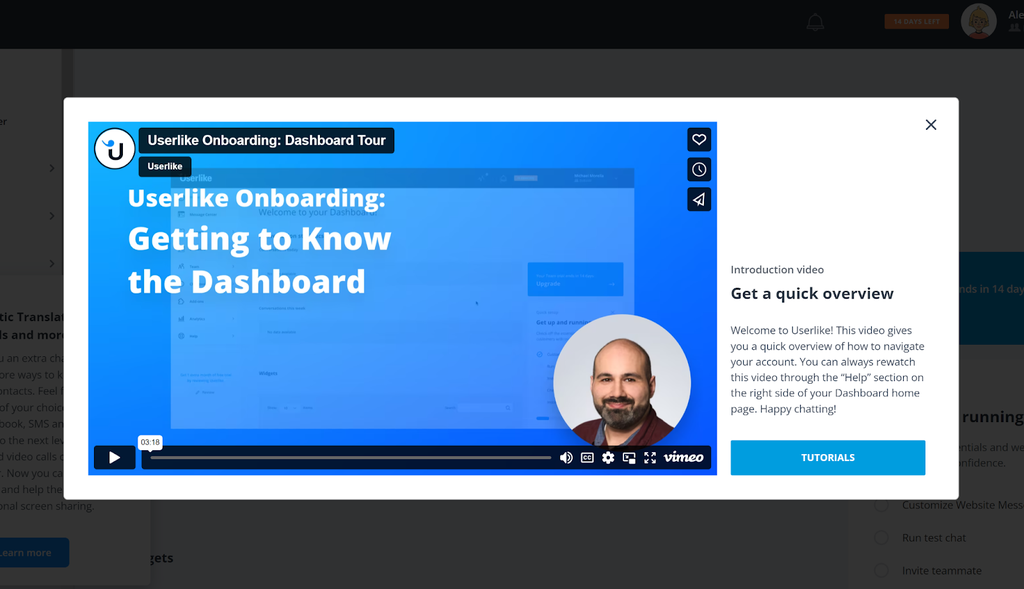 Userlike onboarding dashboard tour