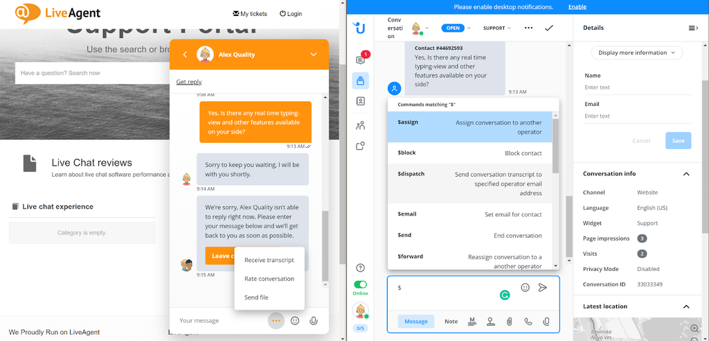 Userlike - available actions in live chat