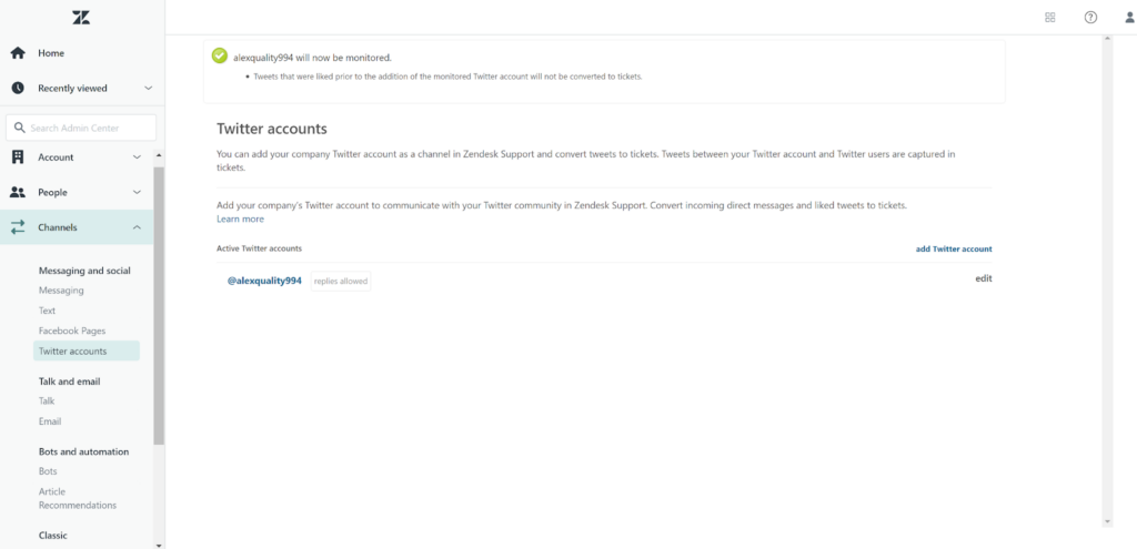 Účty Twitter připojené k Zendesku