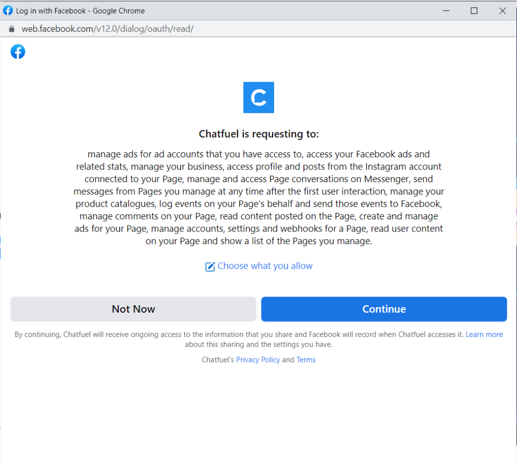 Chatfuel requesting Facebook access