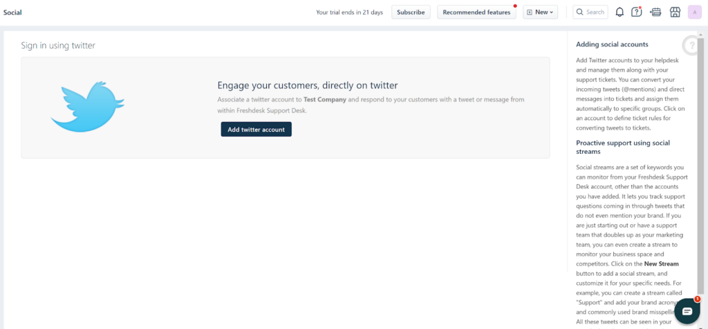 Freshdesk - aggiungi account Twitter