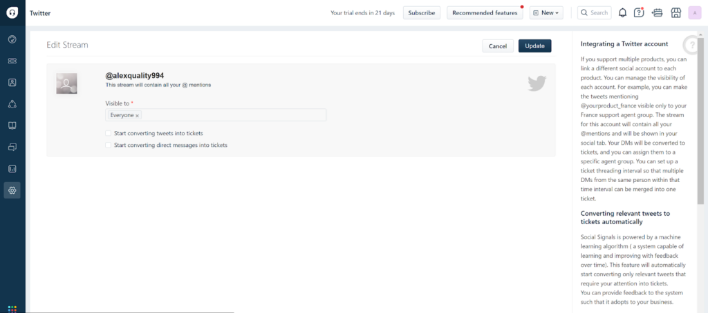 Freshdesk - modifica il flusso di Twitter