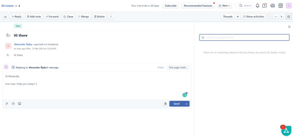 Freshdesk - opzioni in un ticket aperto