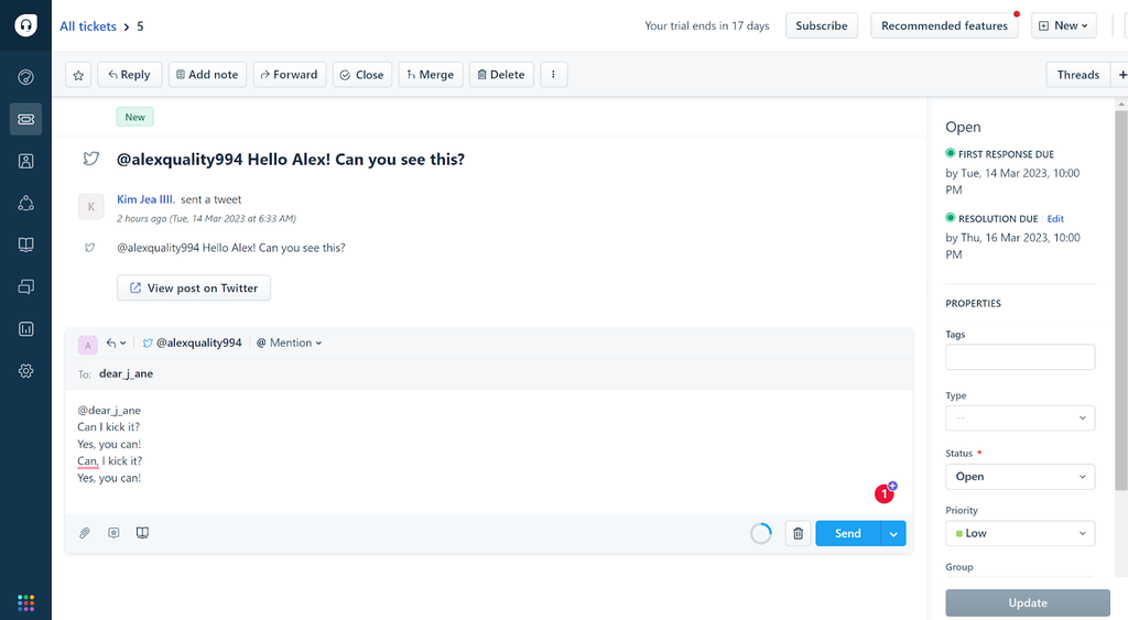 Freshdesk - risposta a un commento di Twitter in un ticket
