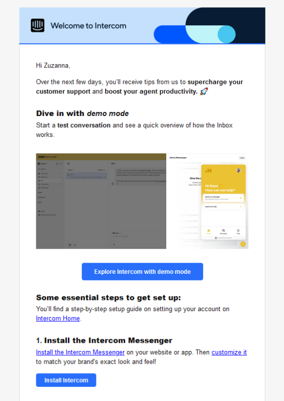 Intercom - email with useful tips