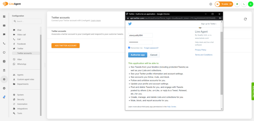 LiveAgent - Ủy quyền cho ứng dụng Twitter