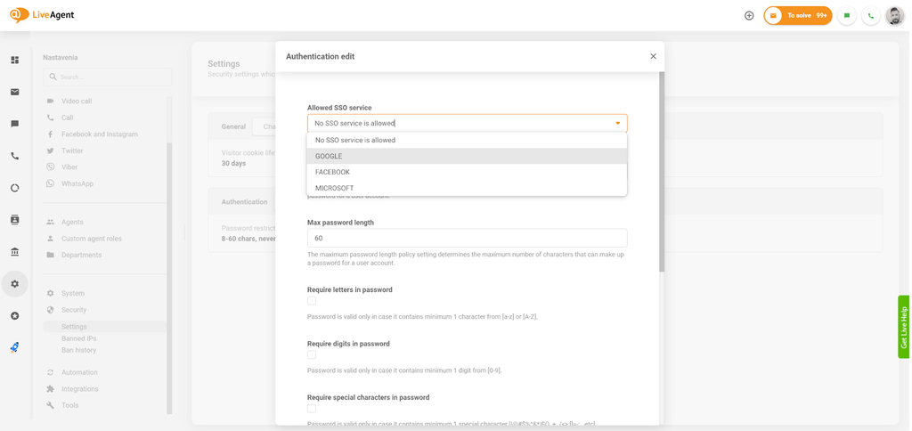 Kies SSO-service in LiveAgent