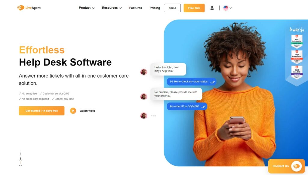 LiveAgent homepage showcasing customer support and ticketing system