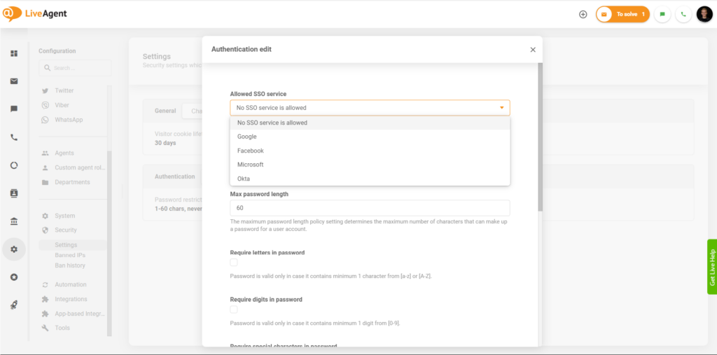 LiveAgent – dostawcy SSO