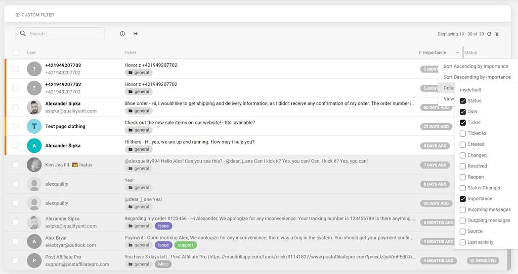 LiveAgent - instellingen voor filteren van ticketstatus.