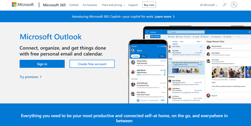 Microsoft Outlook homepage - a top Gmail competitor with seamless integration