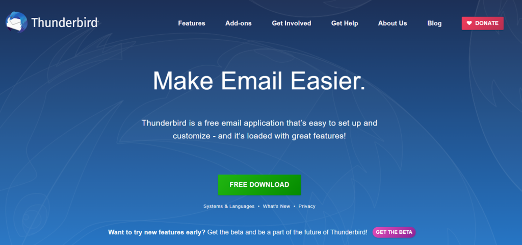 Thunderbird homepage - a customizable Gmail alternative with extensive plugin support 