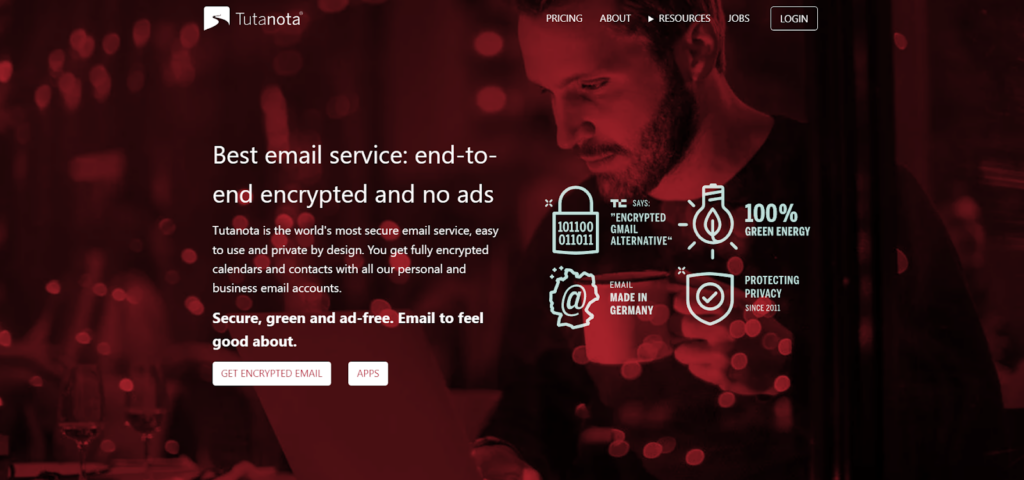 Tutanota homepage - a secure and privacy-focused Gmail alternative 