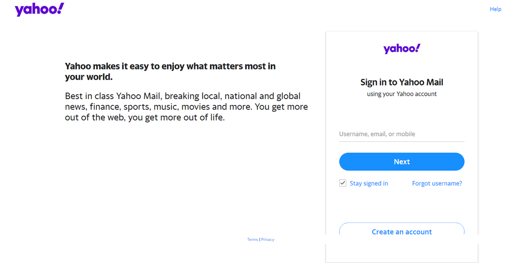 Yahoo! Mail homepage - a well-known Gmail competitor with a streamlined interface