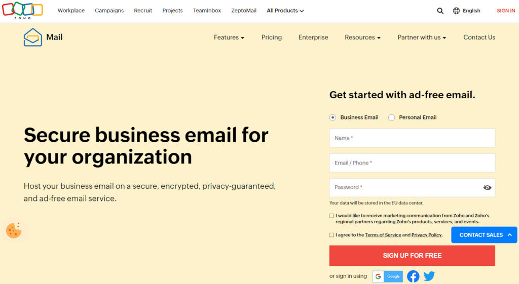 Zoho Mail homepage - a professional Gmail alternative for businesses