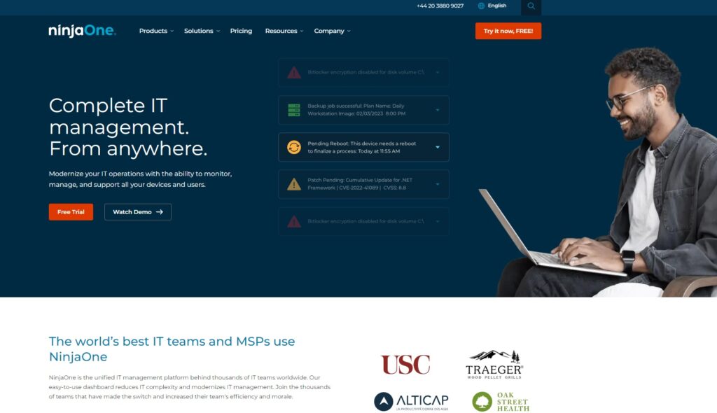 NinjaOne homepage, a Solarwinds alternative for remote monitoring