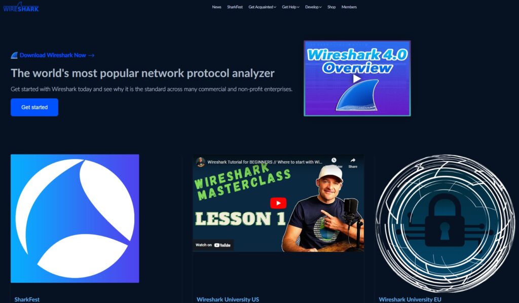 Homepage do Wireshark, um concorrente do SolarWinds para análise de protocolo de rede