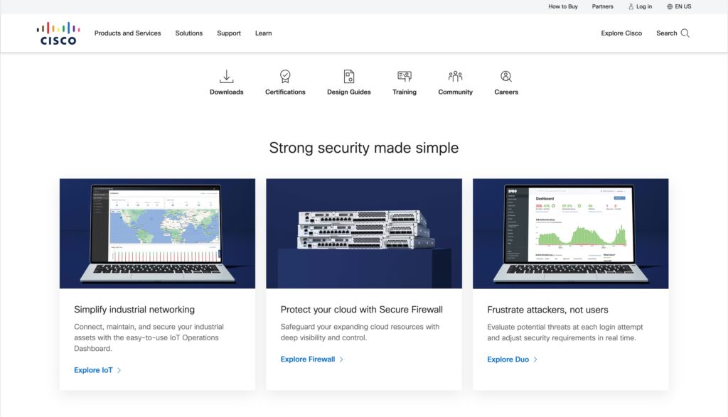 Cisco homepage, a Solarwinds competitor for networking solutions