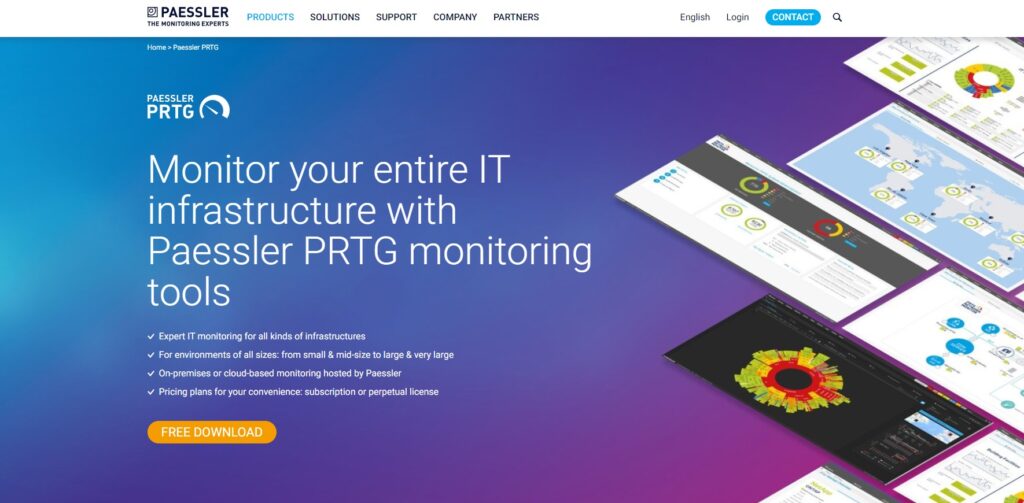 Homepage do Paessler, um concorrente do SolarWinds para monitoramento de redes