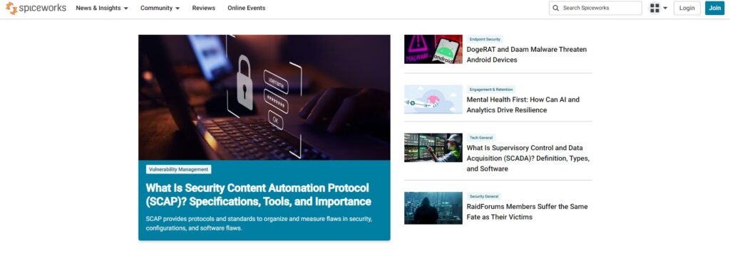 Spiceworks homepage, a Solarwinds alternative for IT management