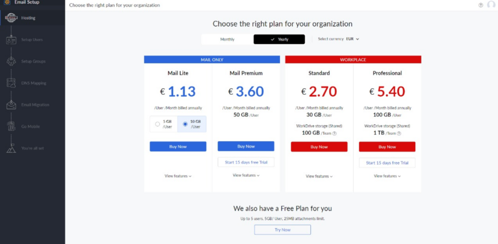 Zoho Mail - piliin ang tamang plan