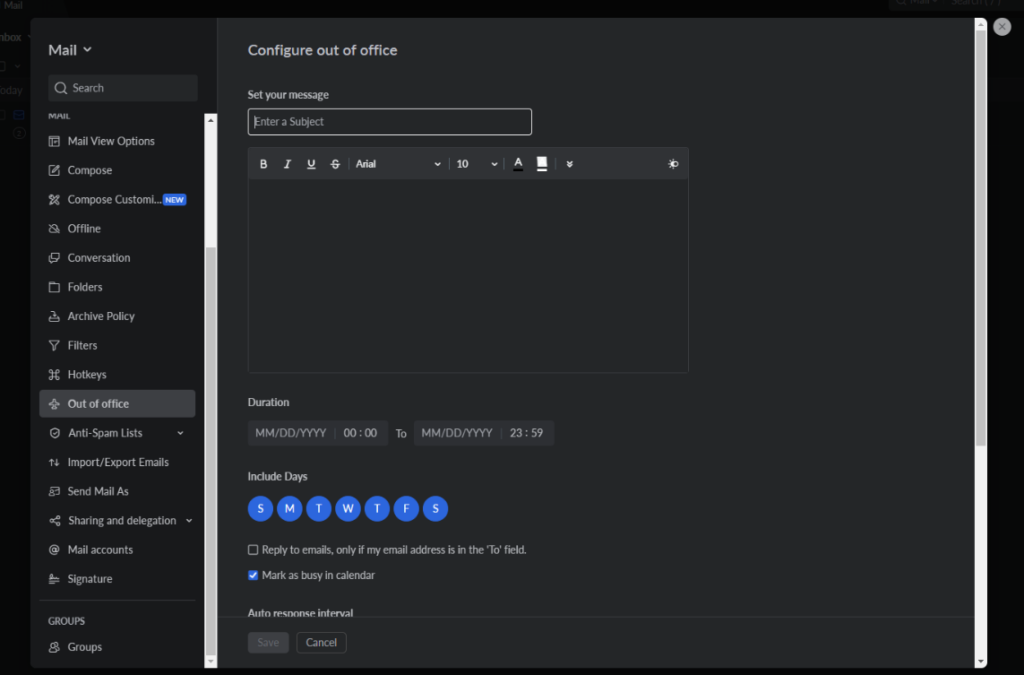 Zoho Mail - out of office settings