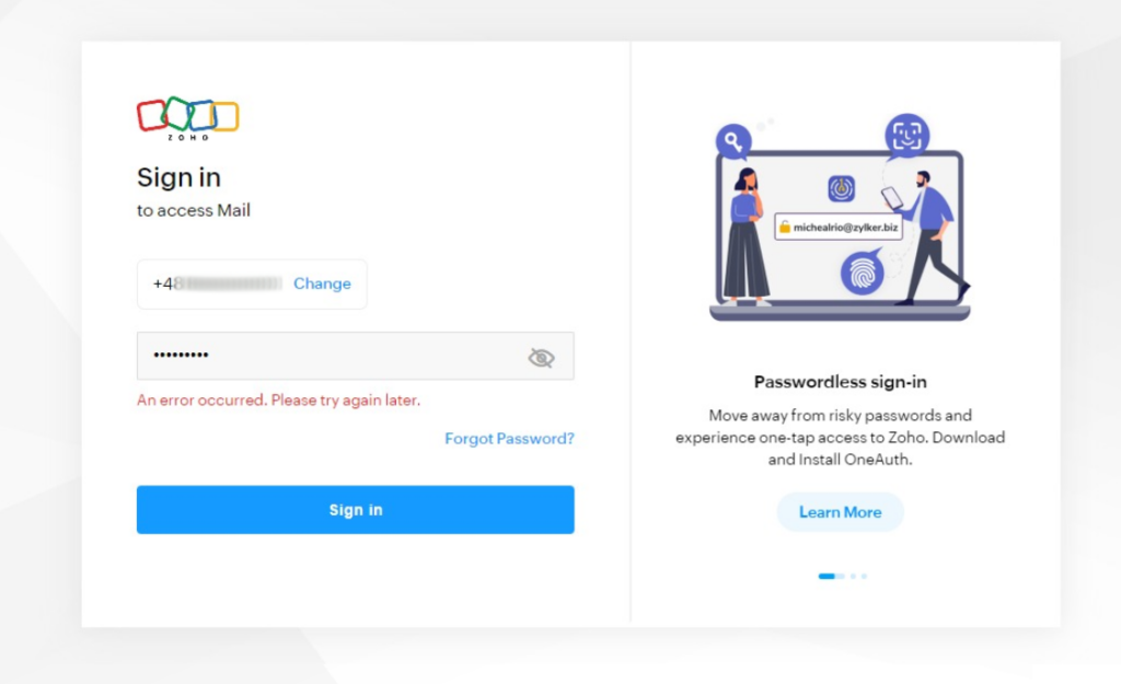 Zoho Mail - sign-in error