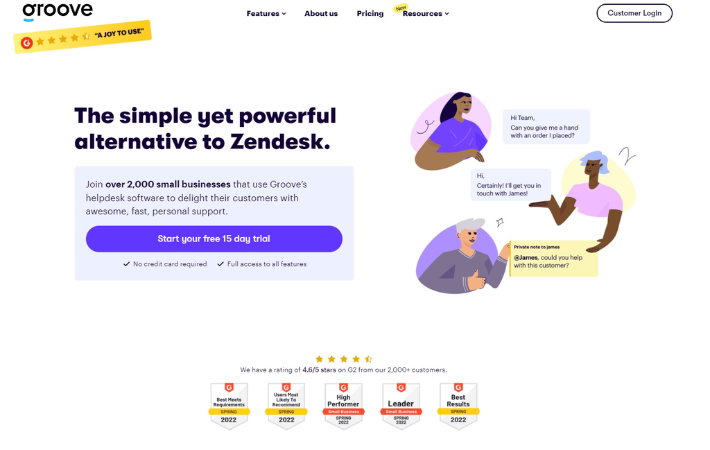 Groove mājaslapa — vienkāršota Zendesk alternatīva mazajiem uzņēmumiem