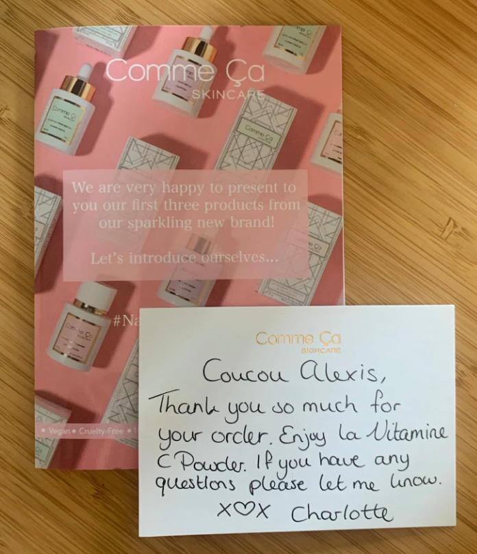 Comme Ça Skincare hand written card