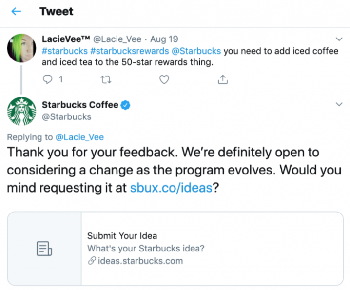 Starbucks Coffee feedback tweet