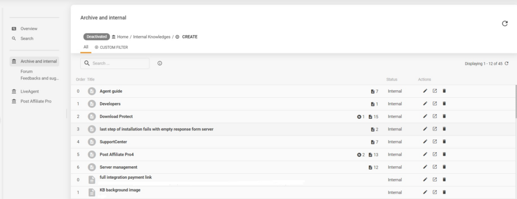 Exemplo da base de conhecimento interna do LiveAgent