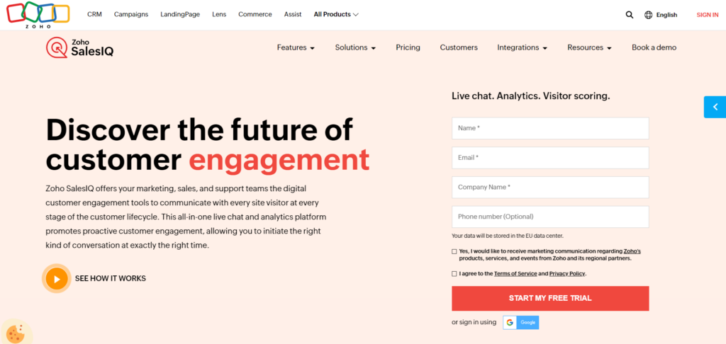 Trang chủ Zoho SalesIQ - phần mềm live chat thương mại điện tử