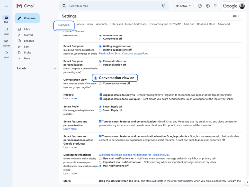 A visualização Conversa no Gmail