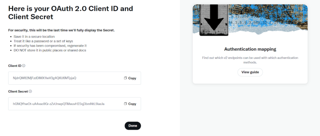 Imaginea arată unde să găsiți acreditările Client ID și Client Secret pe portalul dezvoltatorilor Twitter (X)
