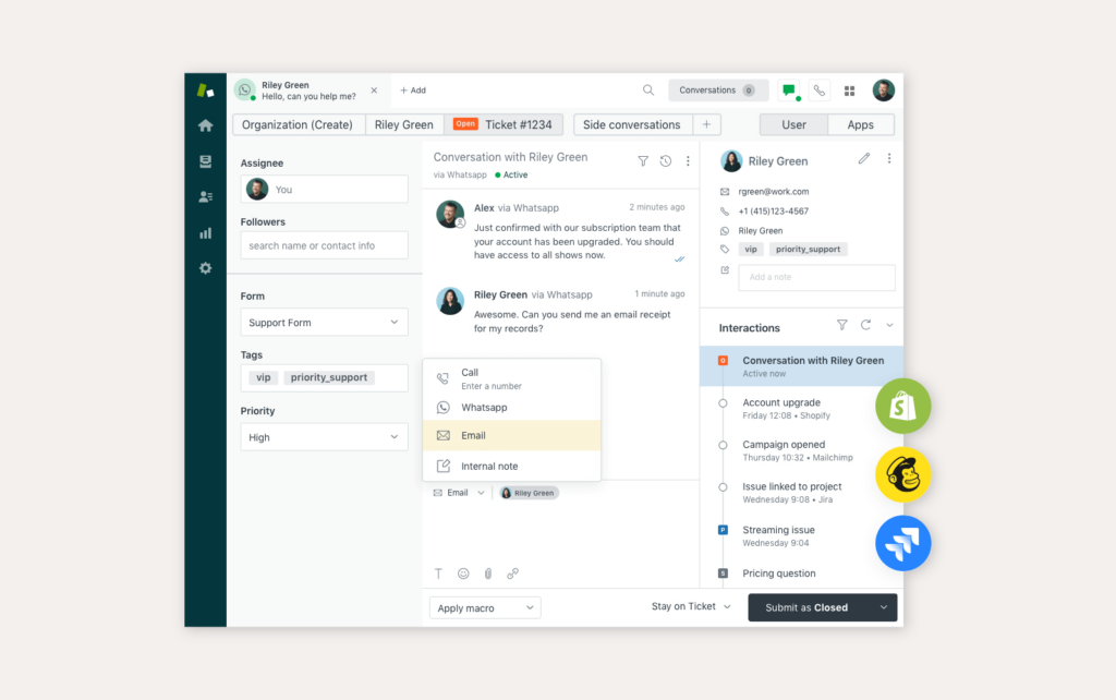 Zendesk call center interface 