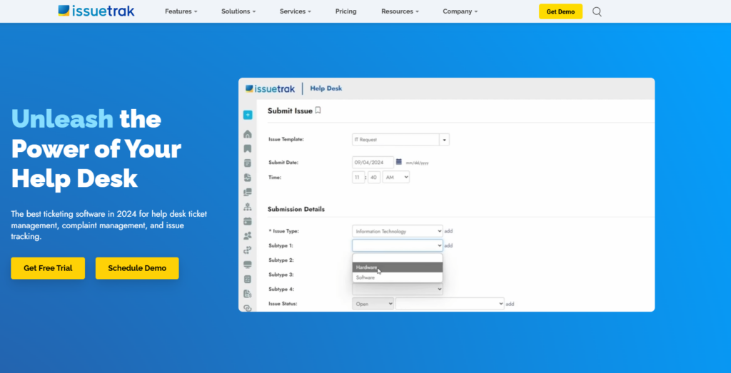 Página inicial do Issuetrak