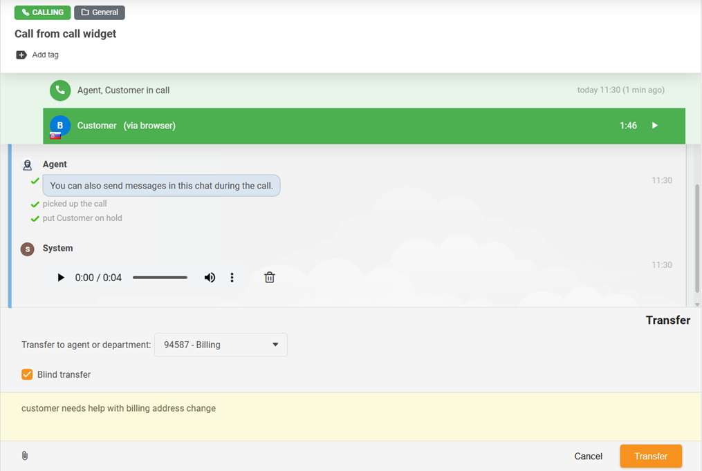 Call transfer feature with the addition of a "Blind transfer" function