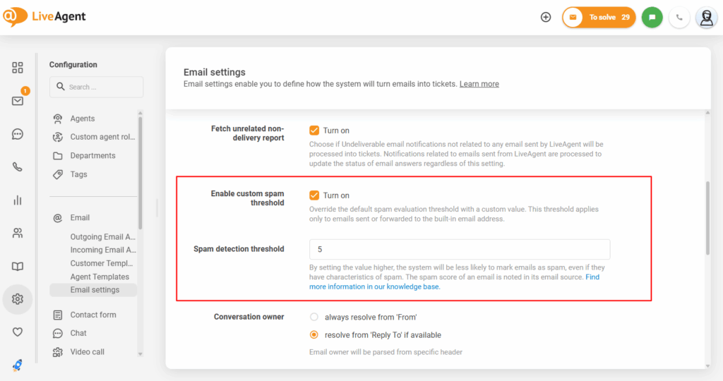 the interface of customizable spam threshhold of LiveAgent