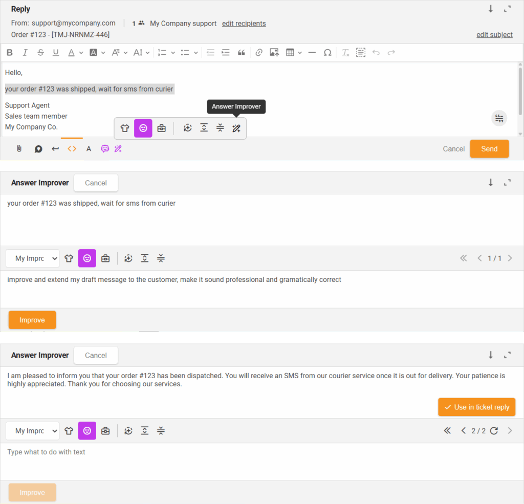 Answer Improver (custom instructions) function refining a message