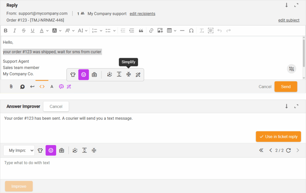 Simplify function AI Answer Improver - interface overview