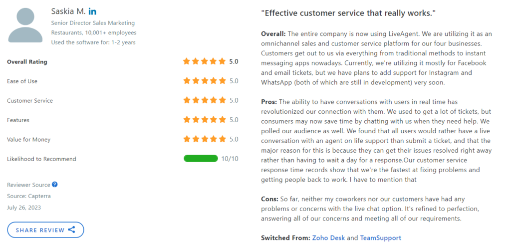 Screenshot of a customer review where the customer discusses their positive experience with LiveAgent