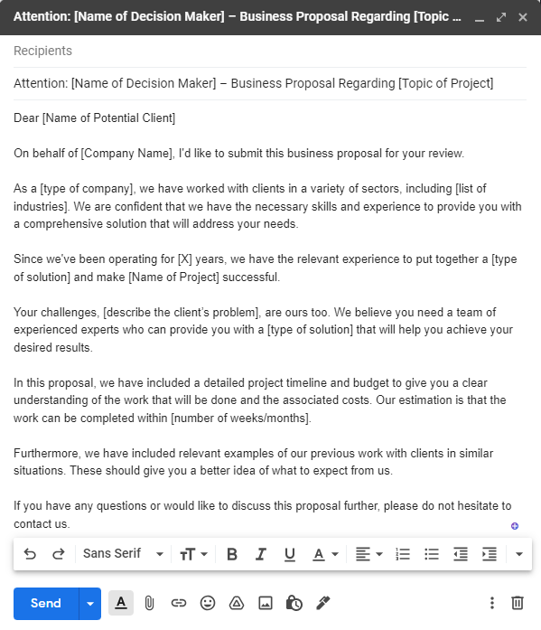 Email template with business proposal