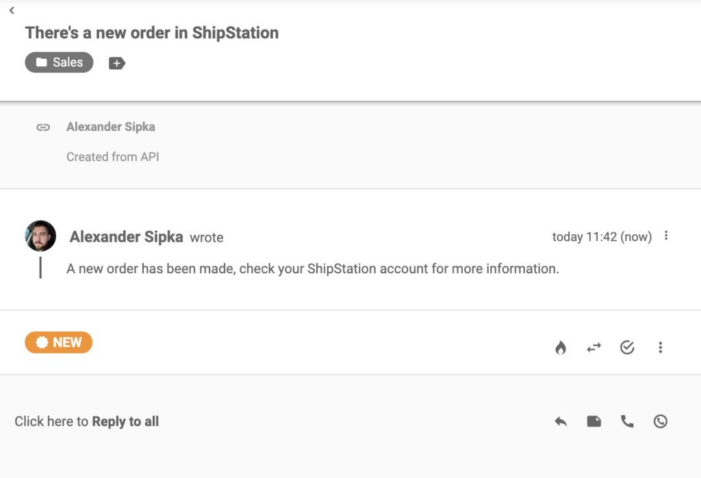 ShipStation message sent after a new order has been made