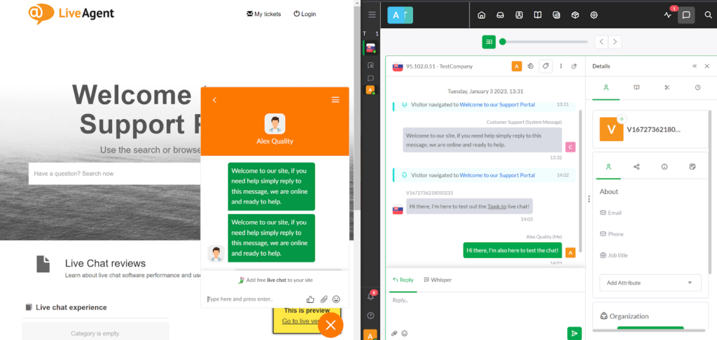 Tawk.to live chat customer and agent view