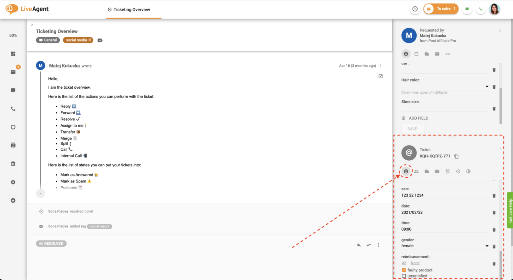 ticket fields in ticket view